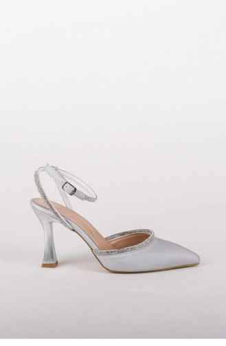 Gümüş Saten Taşlı Stiletto Bilekten Bantlı Gri Topuklu Ayakkabı Honey Gümüş
