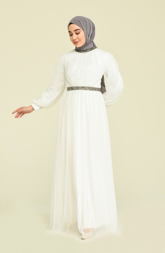 Kemerli Simli Abiye Elbise 5501-20 Beyaz