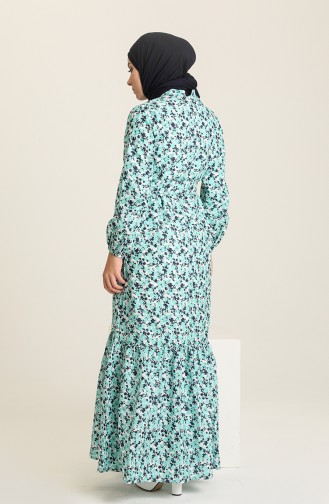 Çiçek Desenli Kuşaklı Elbise 0125-01 Mint Yeşili