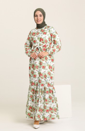 Çiçek Desenli Kuşaklı Elbise 0125A-01 Haki