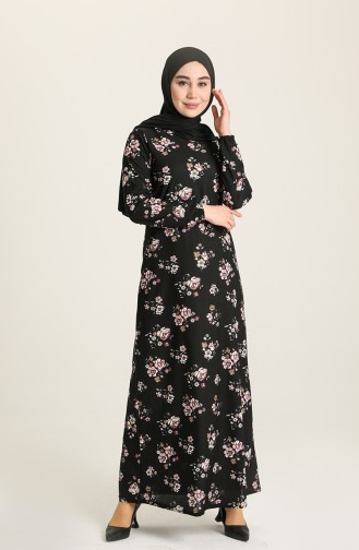 Desenli Elbise 1775-01 Siyah Pembe