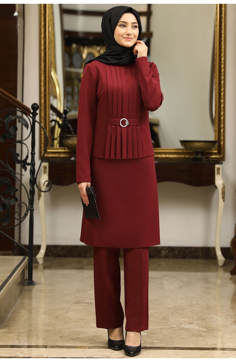 Asil Tunik Pantolon İkili Tesettür Takım RBS1000-01 Bordo