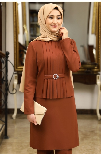 Asil Tunik Pantolon İkili Tesettür Takım RBS1000-06 Kiremit