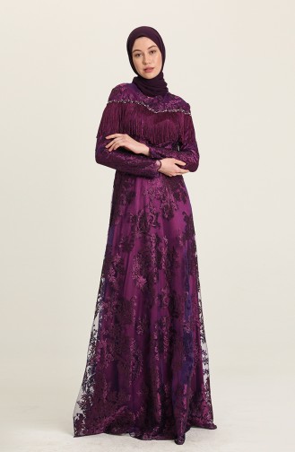 Evening Dress with Tassel and Stones 7176-01 Purple 7176-01