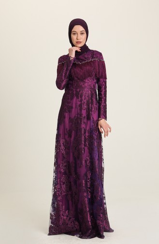 Evening Dress with Tassel and Stones 7176-01 Purple 7176-01