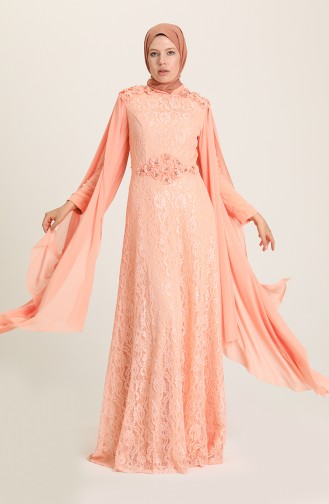 Salmon Hijab Evening Dress 7113-02