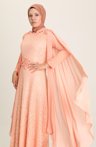 Salmon Hijab Evening Dress 7113-02