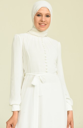 Düğme Detaylı Şifon Abiye Elbise 5695-07 Beyaz