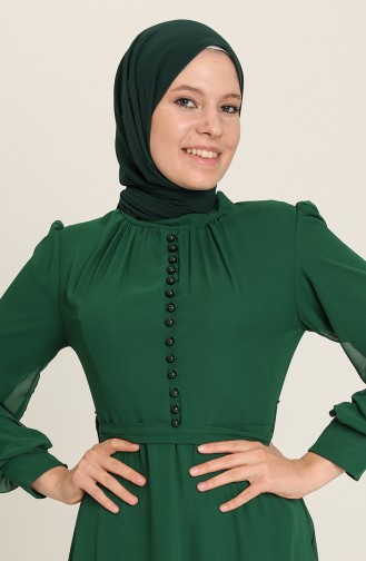 Düğme Detaylı Şifon Abiye Elbise 5695-09 Zümrüt Yeşili