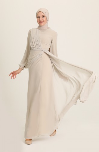 Beige Hijab Evening Dress 5711-06