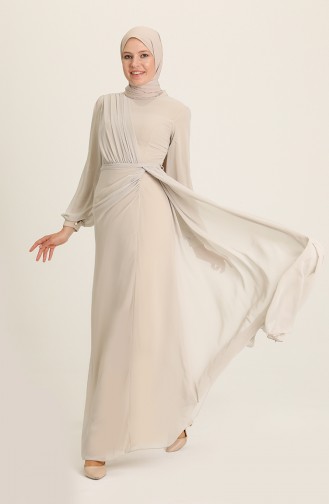 Beige Hijab Evening Dress 5711-06