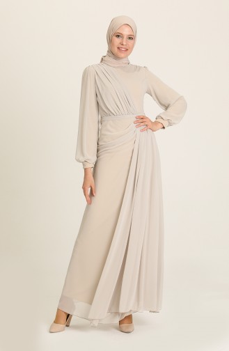 Beige Hijab Evening Dress 5711-06