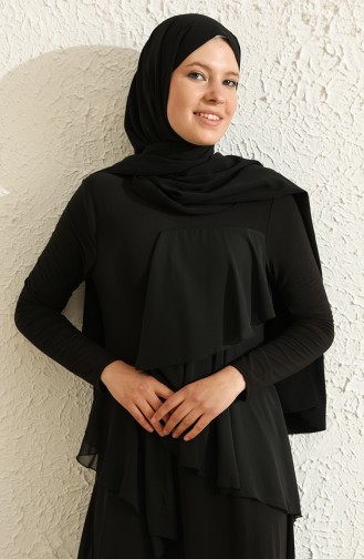 Volanlı Elbise 1026-01 Siyah