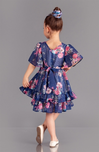 Gül Desenli Şifon Kız Çocuk Elbisesi CFRPR2004S-01 Lacivert