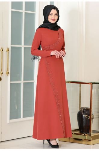 Brick Red Hijab Evening Dress 1028-03