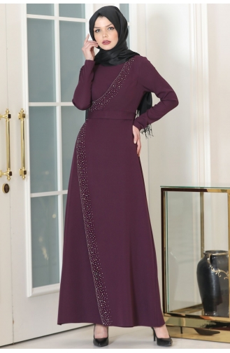 Plum Hijab Evening Dress 1028-04