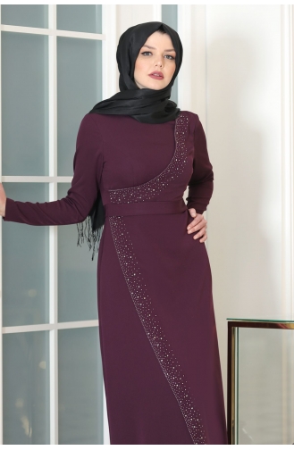 Plum Hijab Evening Dress 1028-04