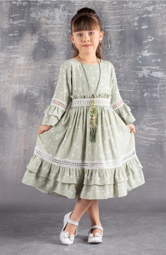 Uzun Kollu Ara Dantel Geçişli Kız Çocuk Elbise-kolyeli TVD2250UD-01 Yeşil