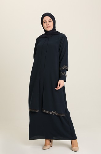 Navy Blue Hijab Evening Dress 4000-02