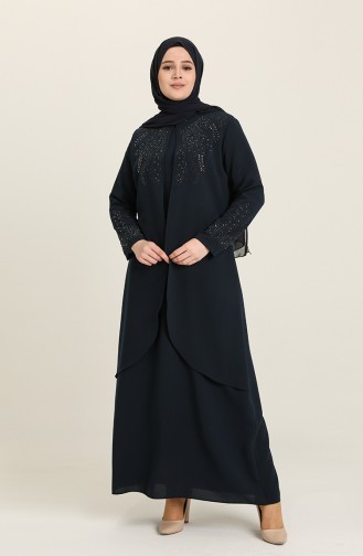 Navy Blue Hijab Evening Dress 4002-02