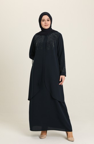 Navy Blue Hijab Evening Dress 4002-02