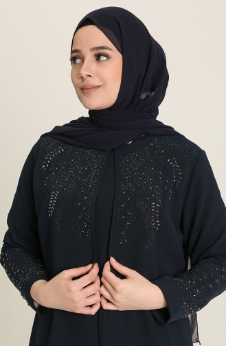 Navy Blue Hijab Evening Dress 4002-02