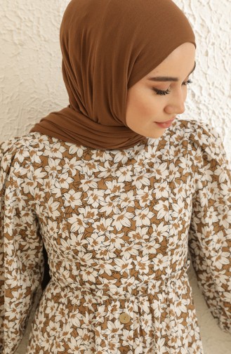 Düğme Detaylı Çiçekli Elbise 10761 Vizon
