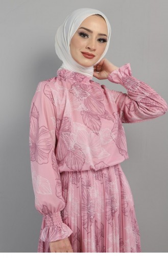 Çiçekli Pileli Elbise 14400 Pembe