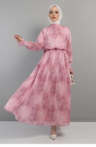 Çiçekli Pileli Elbise 14400 Pembe