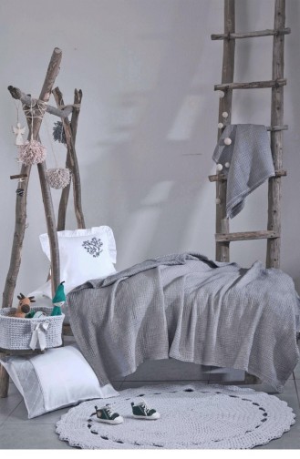 Ecocotton Kayra Bebek Yatak Örtüsü Organik Pamuk Müslin El Nakışlı Gri 120X170 Cm Gri