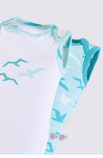 Ecocotton Turna 2 Li Erkek Bebek Zıbın Kolsuz Organik Pamuk Penye Baskılı Beyaz Turkuaz