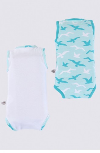 Ecocotton Turna 2 Li Erkek Bebek Zıbın Kolsuz Organik Pamuk Penye Baskılı Beyaz Turkuaz