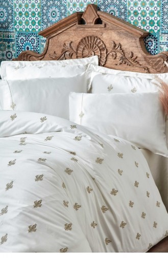 Ecocotton Aslışah Çift Kişilik Nevresim Takımı Organik Pamuk Saten Nakışlı Beyaz 200X220 Cm Beyaz