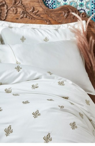 Ecocotton Aslışah Çift Kişilik Nevresim Takımı Organik Pamuk Saten Nakışlı Beyaz 200X220 Cm Beyaz