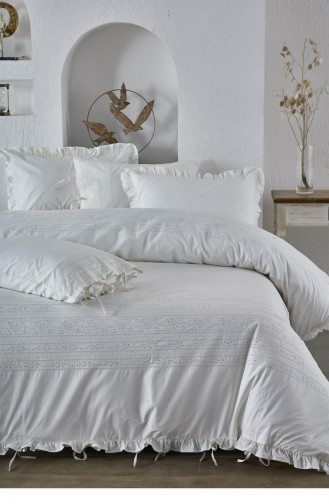 Ecocotton Feris Çift Kişilik Nevresim Takımı Organik Pamuk Perkal Brodeli Beyaz 200X220 Cm Beyaz