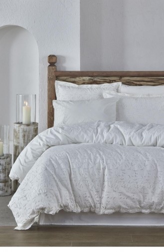 Ecocotton Piraye Çift Kişilik Nevresim Takımı Organik Pamuk Perkal Brodeli Beyaz 200X220 Cm Beyaz