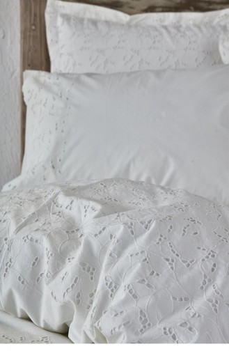Ecocotton Piraye Çift Kişilik Nevresim Takımı Organik Pamuk Perkal Brodeli Beyaz 200X220 Cm Beyaz