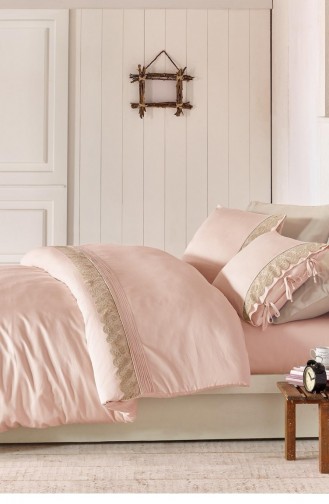 Ecocotton Tuğsen Çift Kişilik Nevresim Takımı Organik Pamuk Saten Güpürlü Pudra 200X220 Cm Pudra