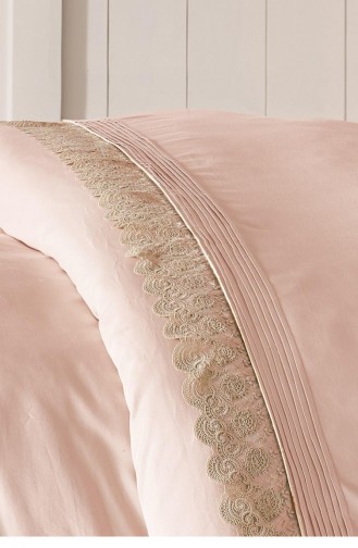 Ecocotton Tuğsen Çift Kişilik Nevresim Takımı Organik Pamuk Saten Güpürlü Pudra 200X220 Cm Pudra