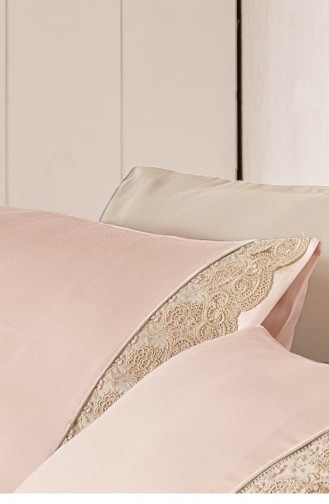 Ecocotton Tuğsen Çift Kişilik Nevresim Takımı Organik Pamuk Saten Güpürlü Pudra 200X220 Cm Pudra