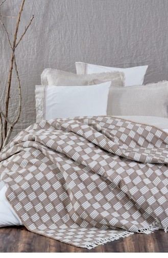 Ecocotton Rilla Çift Kişilik Pike Örtüsü Organik Pamuk İplik Boya Jakarlı Bej 220X240 Cm Bej