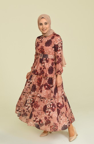 Çiçekli Şifon Elbise Vizon 12900