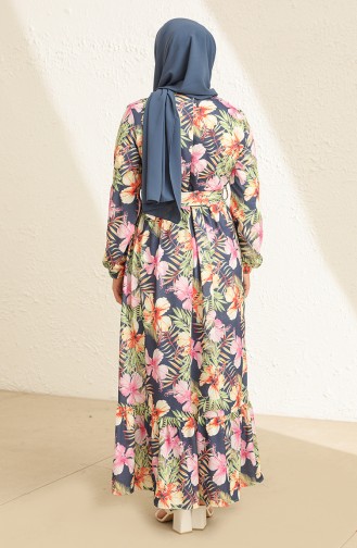 Çiçek Desenli Kuşaklı Elbise 3801C-03 Lacivert