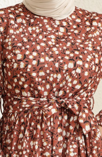 Desenli Kuşaklı Elbise 3801F-02 Kahverengi