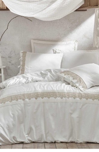 Ecocotton Azra Çift Kişilik Nevresim Takımı 100 Organik Pamuk Saten Güpürlü Krem 200X220 Cm Krem