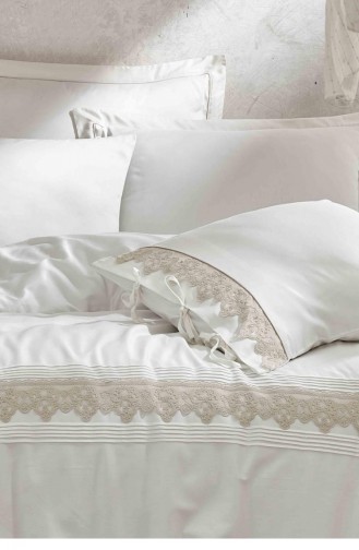 Ecocotton Azra Çift Kişilik Nevresim Takımı 100 Organik Pamuk Saten Güpürlü Krem 200X220 Cm Krem