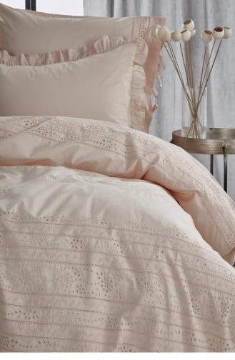 Ecocotton Feris Çift Kişilik Nevresim Takımı 100 Organik Pamuk Perkal Brodeli Somon 200X220 Cm Somon