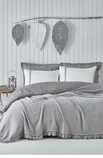 Ecocotton Alessa Çift Kişilik Pike Takımı 100 Organik Pamuk Jakarlı Gri 220X240 Cm Gri