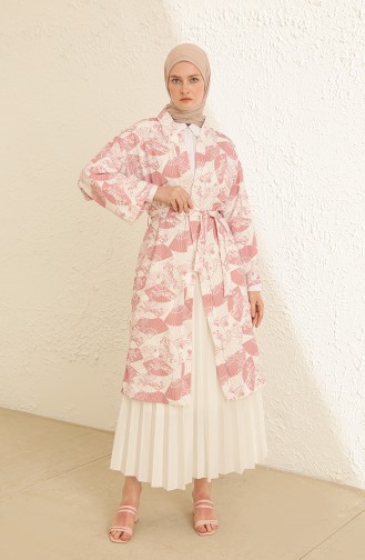 Desenli Abaya 2351-02 Gül Kurusu Beyaz