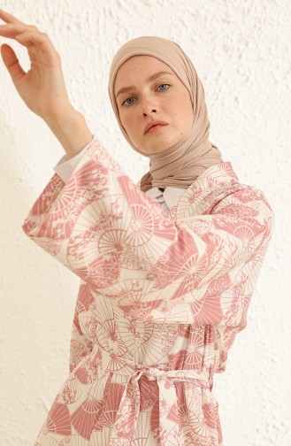 Desenli Abaya 2351-02 Gül Kurusu Beyaz